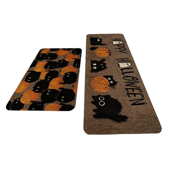 huaqianguhh 2Pcs/Set Halloween Kitchen Rugs, Anti Slip Absorbent Floor Mats, Pumpkin Black Cat Ghost Designs, Decorative Rugs for Living Room Bathroom
