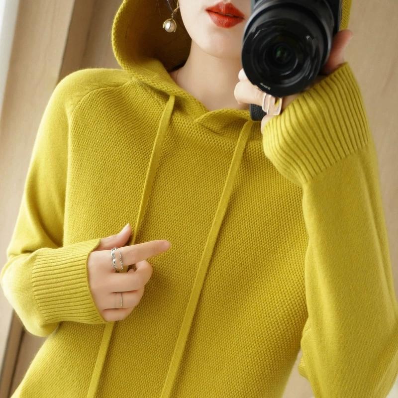 Suéter com Capuz Feminino Primavera e Outono Moletom Camiseta Básica com Suéter Tricotado Casual Tamanho Grande Suéter com Capuz Feminino