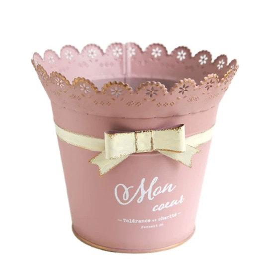 Metal Decorative Flowerpot Retro Planter with Lace Edge And Bow S розовый
