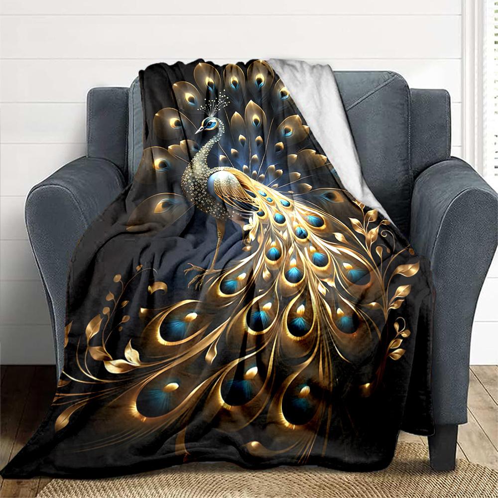 1PC Golden Peacock Feather Blanket, Throw For Sofa, Bed, Travel, Camping, Livingroom, And Bed, Printing Blanket With Soft And Warm Fabric Yy250918154