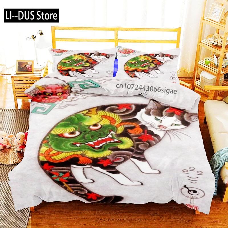 Phechion Samuray Kedi Dövmesi 3D Baskı Yatak Takımı Yorgan Kılıfları Yastık Kılıfları Tek Parça Yorgan Yatak Takımları Yatak Örtüsü Yatak K580