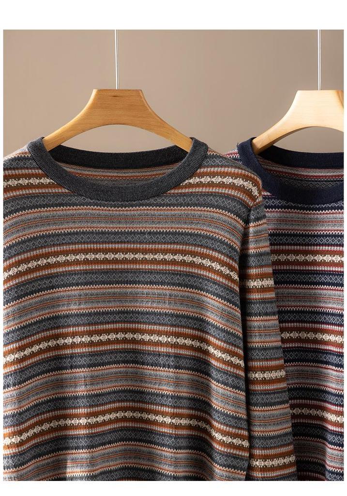 Women's Elegant Fine-spun Wool Striped Fair Isle Jacquard Sweater for Spring/Autumn 2026