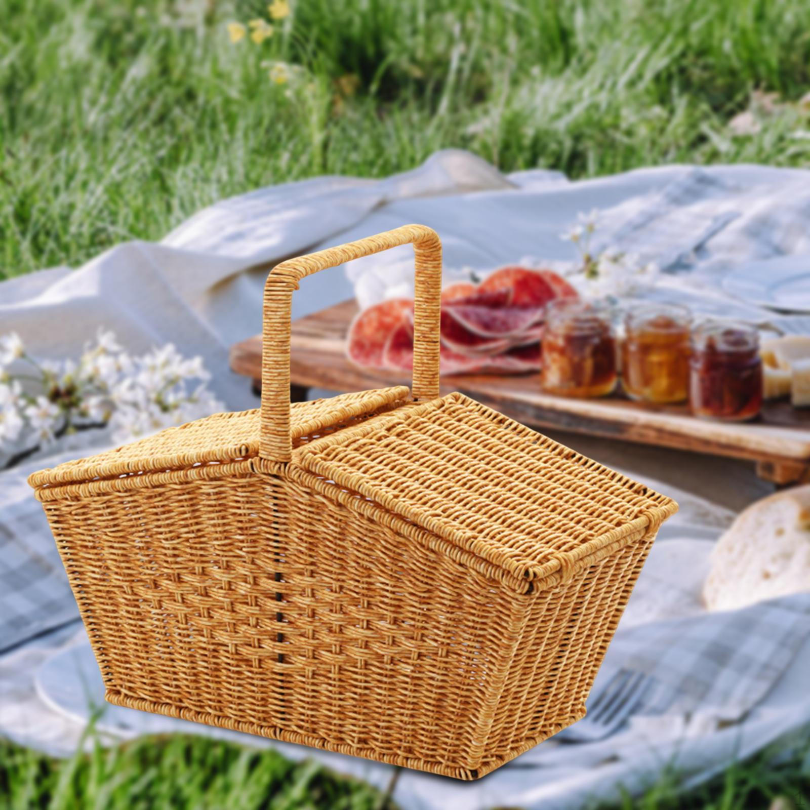 

Пустая корзина для пикника с крышкой, плетеное решение для хранения фруктов и хлеба жёлтый