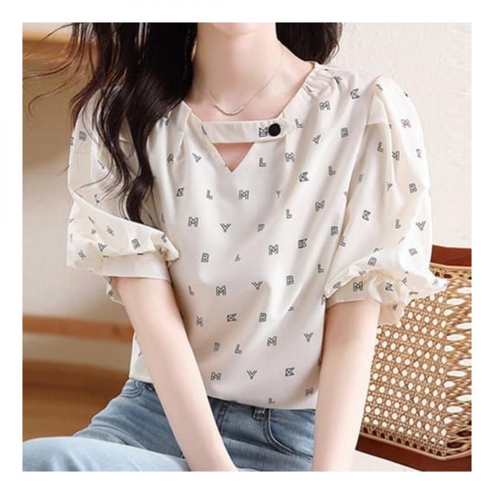 Navava Women Alphabet Print Puff Sleeve Blouse Nb2067