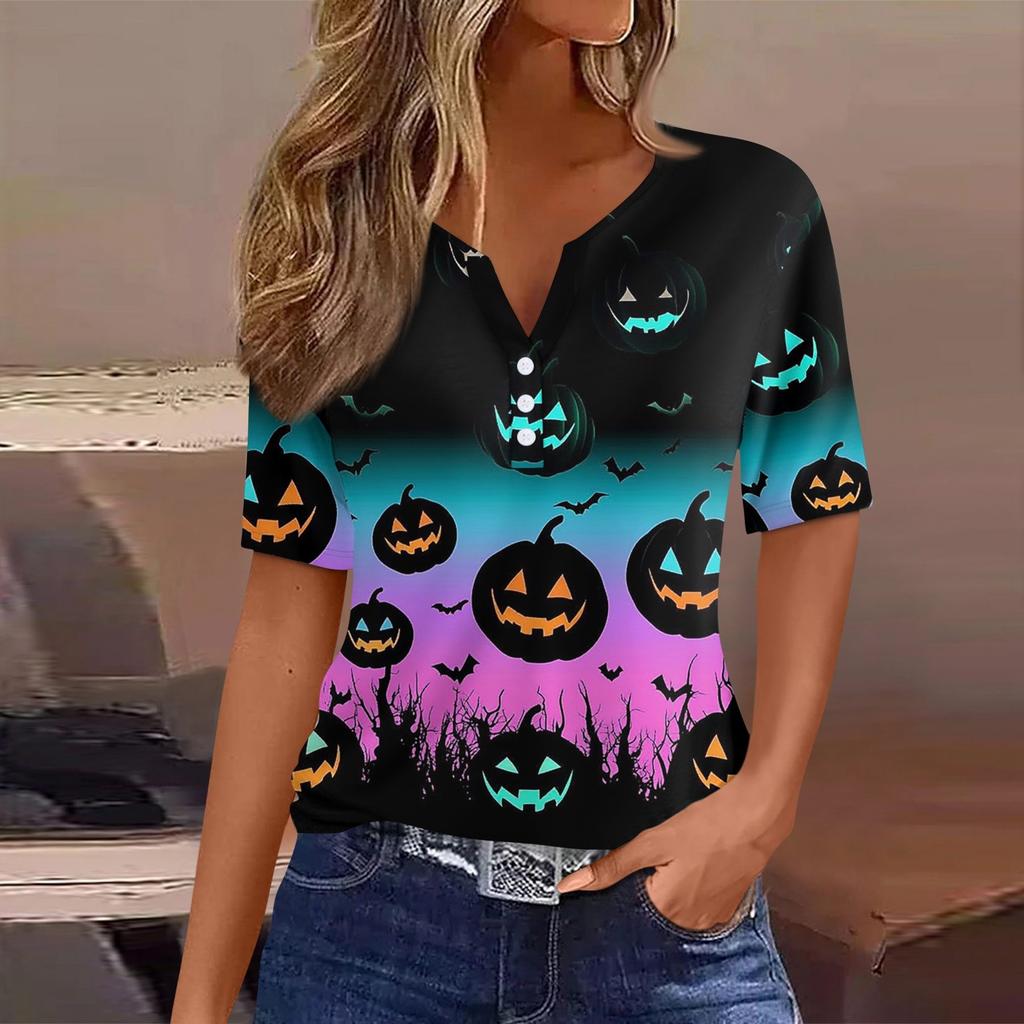 Women's T Shirt Tee Halloween Printed Button Short Sleeve Tunic Daily Weekend Fashion Basic V- Neck Regular Top