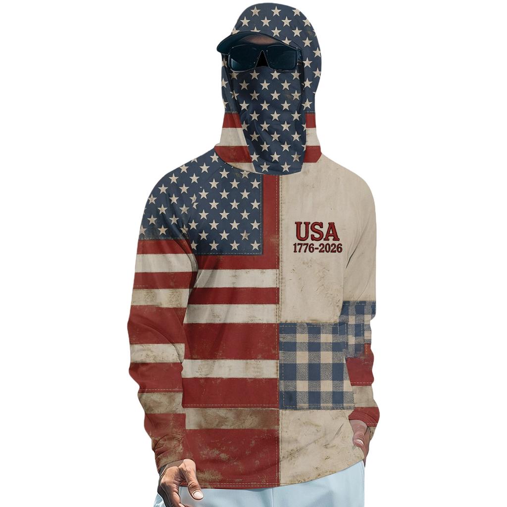 Long Sleeve Hooded Shirt with USA Flag Print Lightweight Pullover Top Casual Fit Soft Material for Everyday Wear