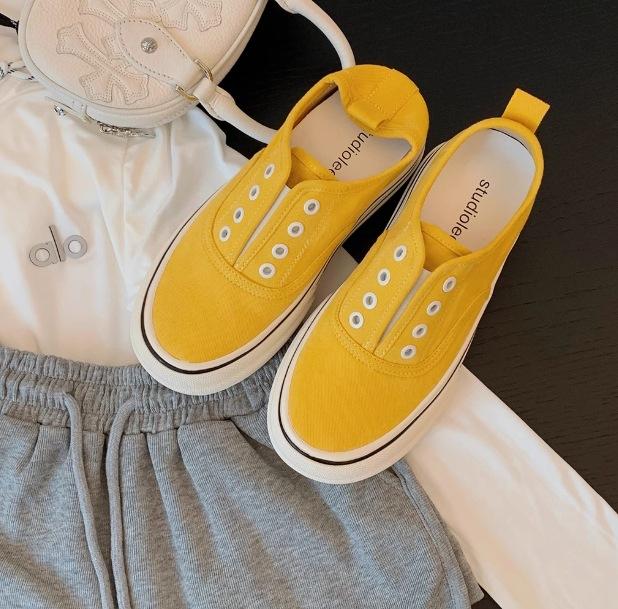 Advanced Sense~ Grape Mother Height Increase 7cm Lazy Without Shoelaces Round Head Thick Sole One Pedal Casual Board Shoes Women's Canvas Shoes