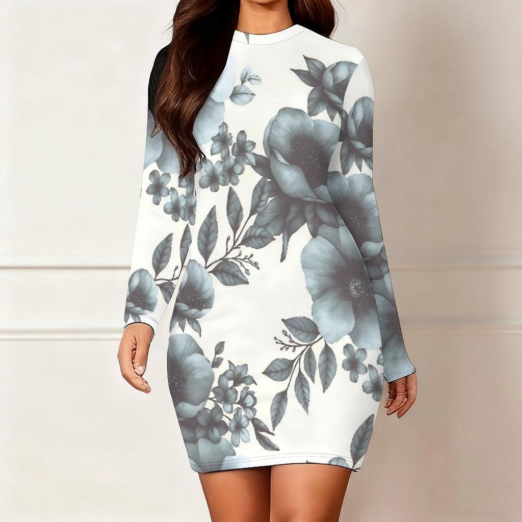 2025 Outono e Inverno Novo Estampa Floral 3D e Tingimento Moda Feminina Manga Longa Gola Redonda Vestido Envolvente de Quadril Dia dos Namorados Limitado