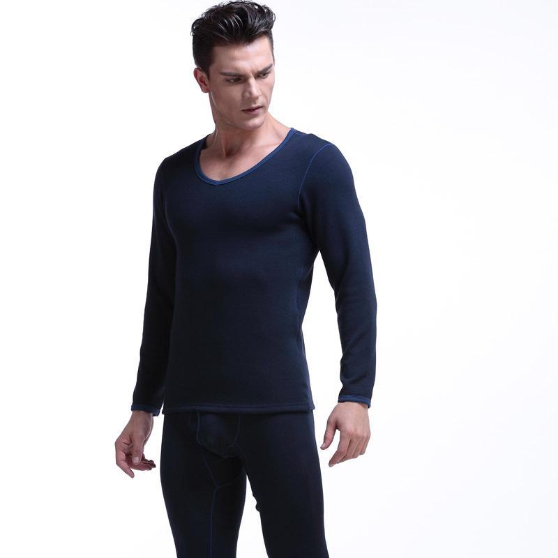 Men's Thermal Low-Neck V-Neck Cotton Suit: Velvet-Lined Sweater & Pants for Autumn/Winter