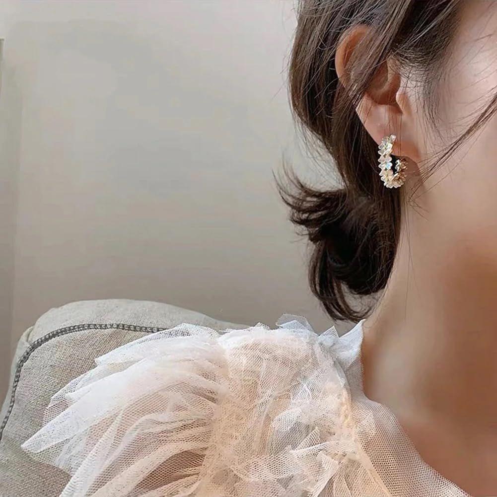 Latest Sweet Romantic Elegant White Flower Hoop Earrings | Stylish Shell Resin Delicate Pearl Flower Zircon Earrings | Trendy Versatile Jewellery