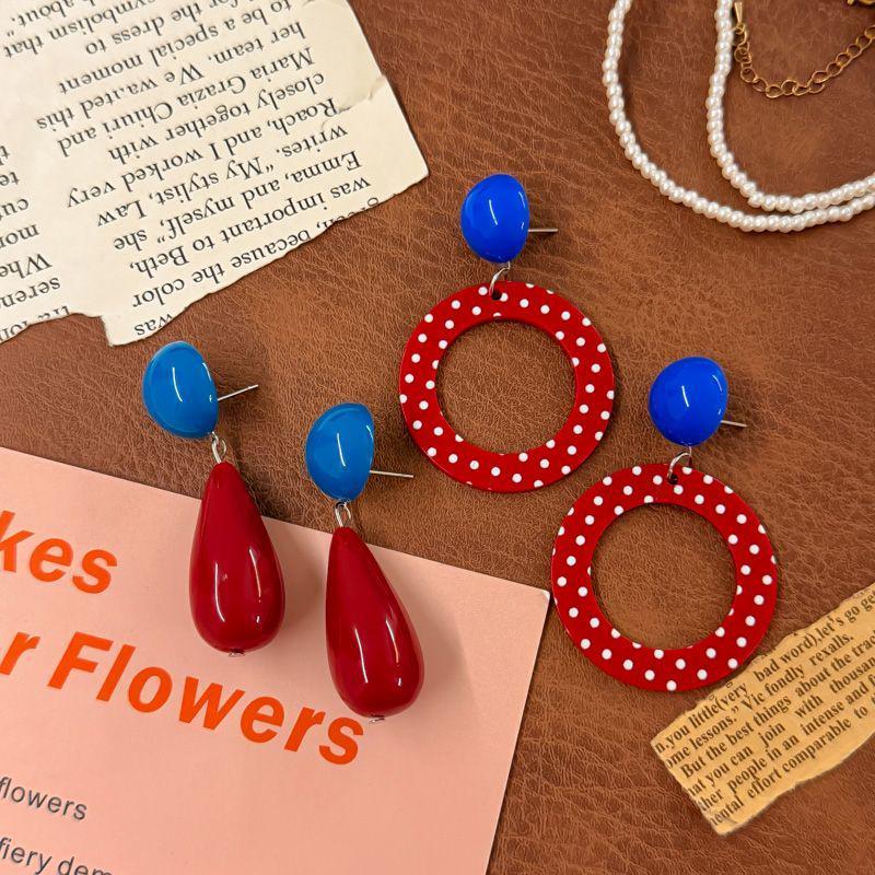 Retro Hong Kong Red Color Block Exaggerated Luxury Dangle Earrings - 2025 Vacation Style