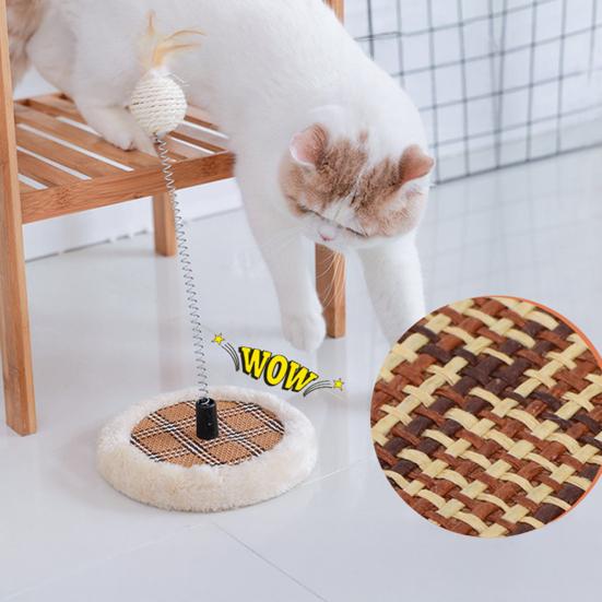 Interactive Cat Scratcher Woven Cooling Mat Base with Cat Spring Toy Cat Scratching Ball with Feather for Indoor Cats Solo Entertainment