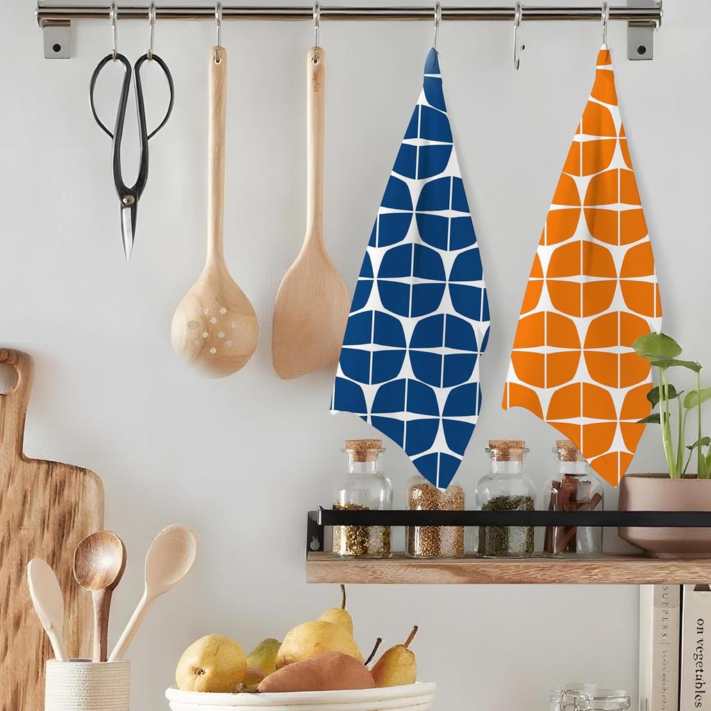 Trendy Retro Orange and Blue Pattern Kitchen Towels Set of 2, Mid Century Modern Scandinavian Aesthetic Hand Towels for Bathroom,16x24 Inch