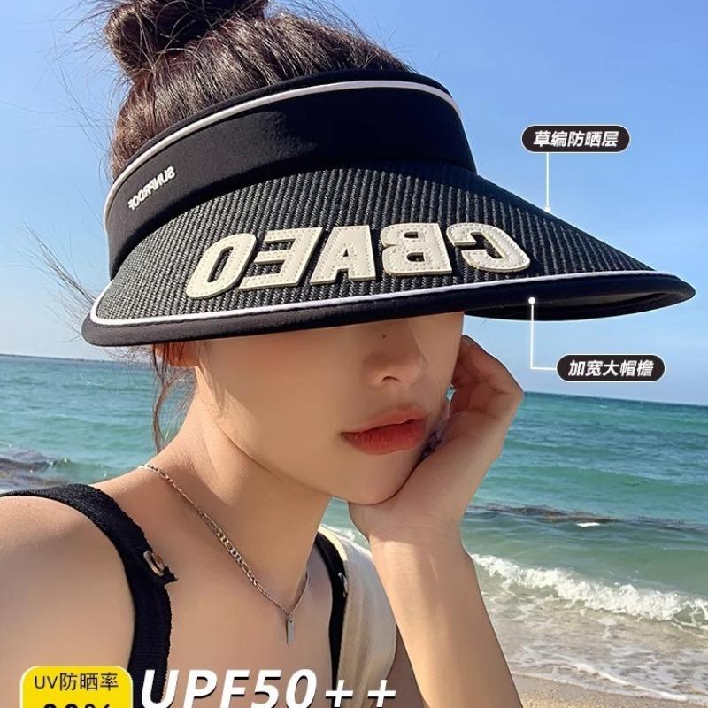 Empty top sunscreen hat, women's summer vinyl straw woven cycling visor, UV-proof large brim, face-covering beach straw hat