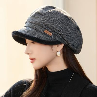 Herbst und Winter Damen Karriertes Barett Lässig Kalt und Warm Winddicht Samt Verdickt Achteckiger Hut