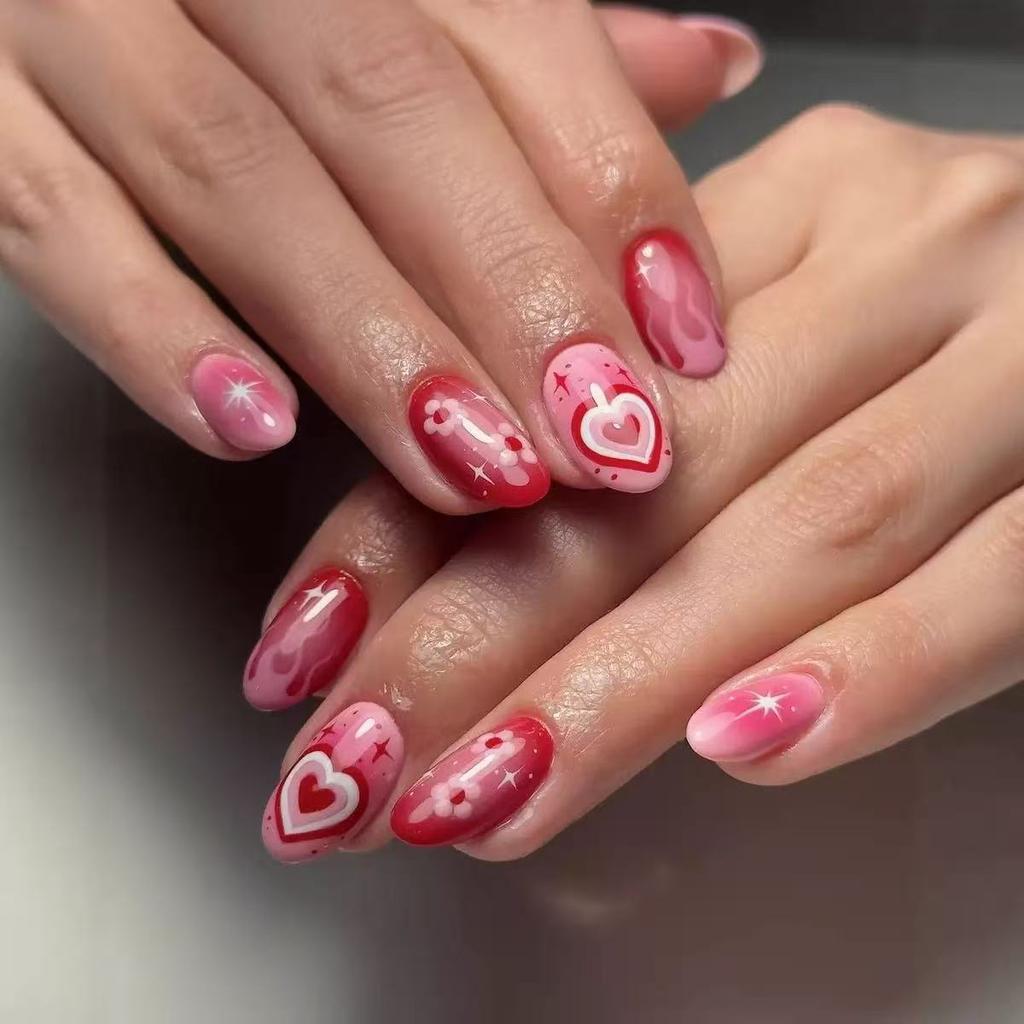 24PCS Playful Retro Almond Stick on Fake Nails Colorful Swirl Stripes with Checkered Patterns Short Oval False Nails Sweet Cool