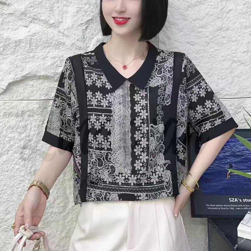 

2026 Summer Casual Lapel Short Sleeve Loose Top for Middle-aged and Elderly 3X Large