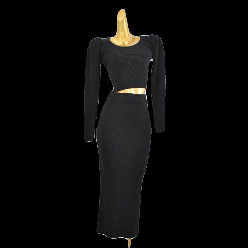 Thick Round Neck Bubble Long Sleeve Short Bottoming Shirt Elastic Waist Mid Length Long Length Solid Color Rib Fabric Back Slit Two-piece Set Pack