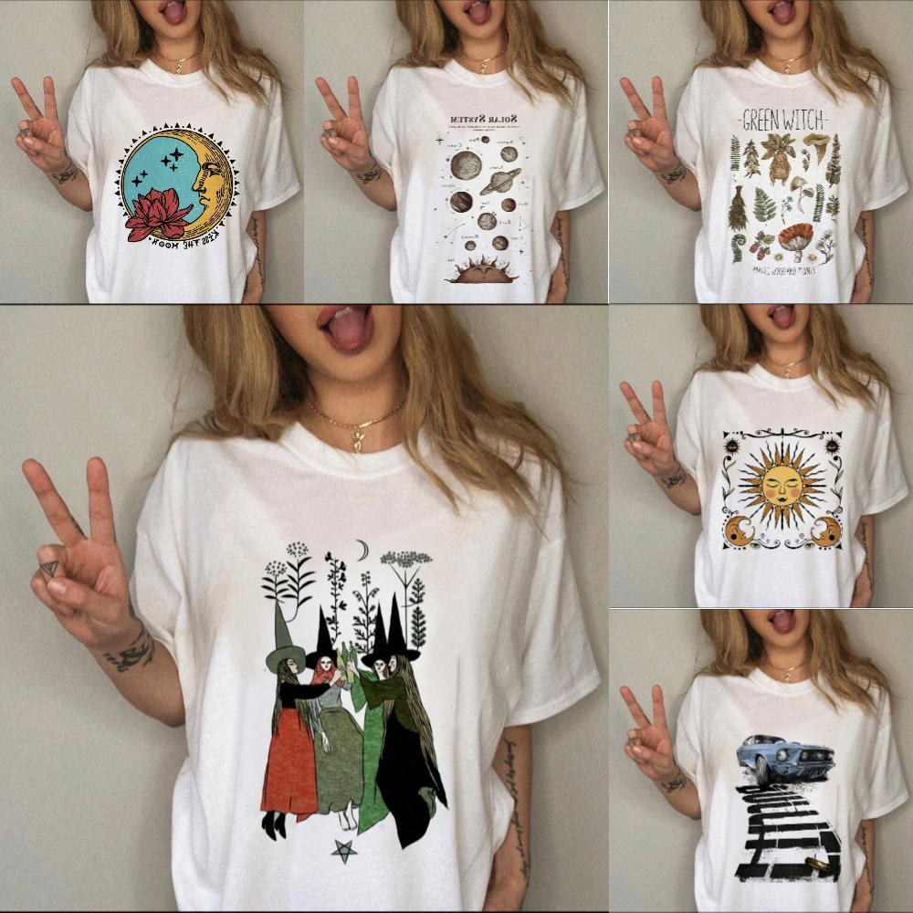 Women TShirt Retro Witch Style TShirt Y2K Aesthetic Casual Loose Fit Top Sun Moon Stars Harajuku Graphic Print Daily Streetwear