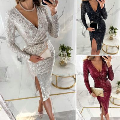 Damenkleid mit glänzenden Pailletten, tiefem V-Ausschnitt, schmaler Passform, geteiltem Saum, langen Ärmeln, schmaler Passform, eng anliegend, hohe Taille, mittellanges Party-Abschlussball-Midikleid