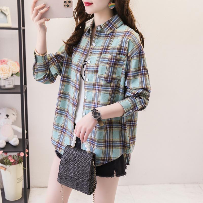 Camisa holgada de manga larga a cuadros para mujer, estilo coreano, chaqueta informal y versátil para estudiantes para primavera y otoño, talla grande, algodón