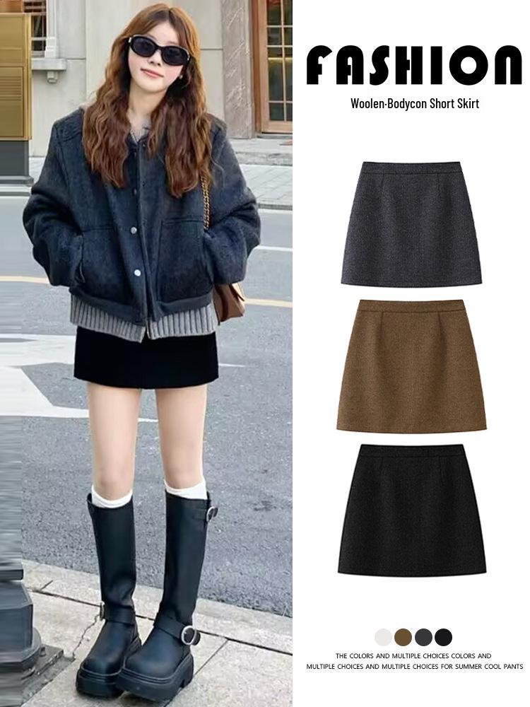 2026 Women's Black Wool Blend High-Waisted Slimming A-Line Short Skirt - Spring to Winter