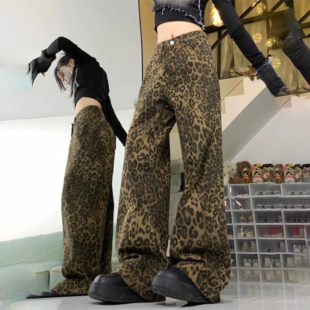 Unisex Retro Leopard Print Wide-Leg Jeans – Trendy Summer Loose-Fit Casual Pants with Belt
