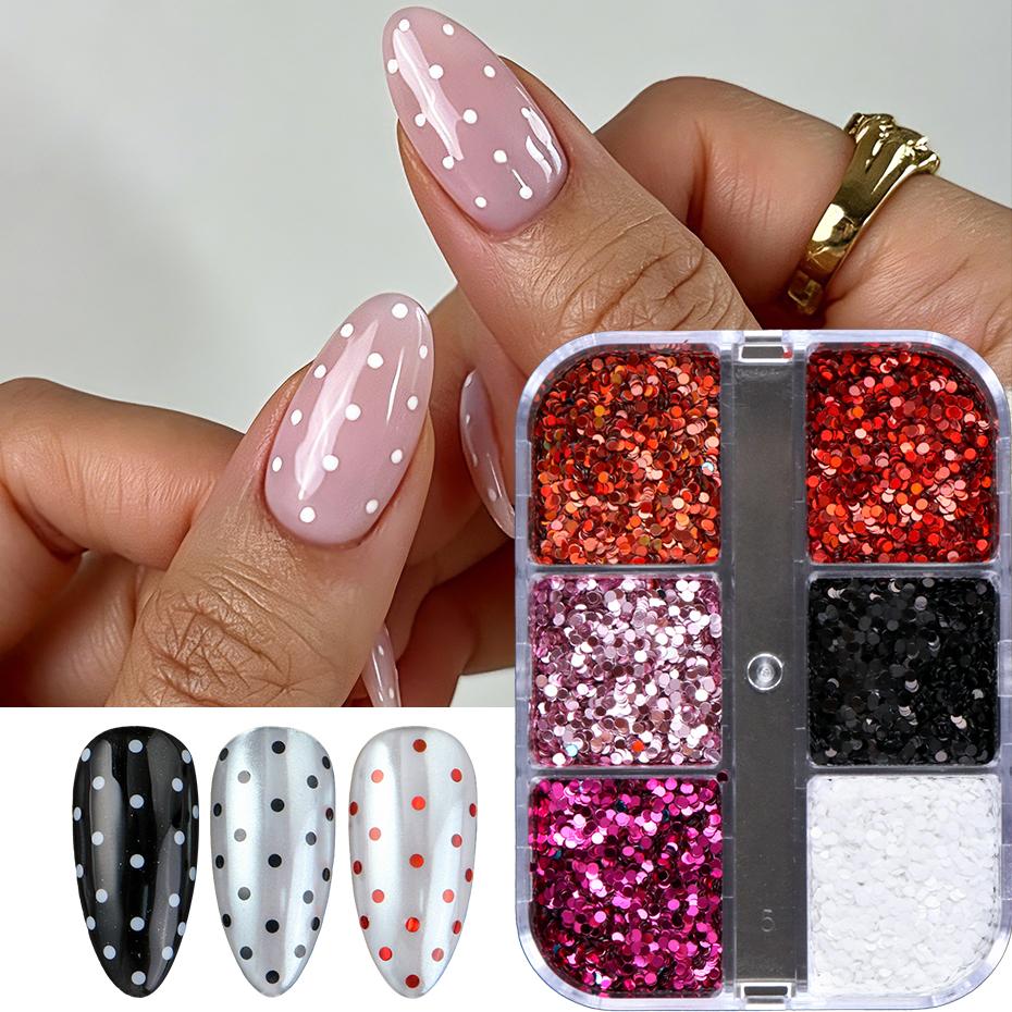 Xiaomi 6 Grids Polka Dot Nail Art Sequins Red Pink Black White Round Dot Nail Glitter Flakes Confetti Manicure Nail Charms Decorations