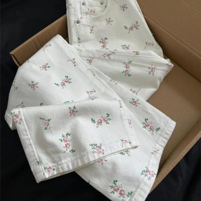 Blugi albi cu imprimeu floral, cu picior drept, pentru femei, pantaloni casual cu talie înaltă, slim fit, de vară, casual, cu buzunare