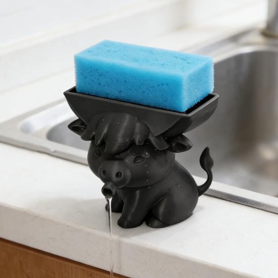 Yousheng Highland Cow Sponge Holder with Drainage Bathroom Kitchen Sink Countertop 3D Printed Cattle Sponge Stand Multifunctional Sponge Organizer