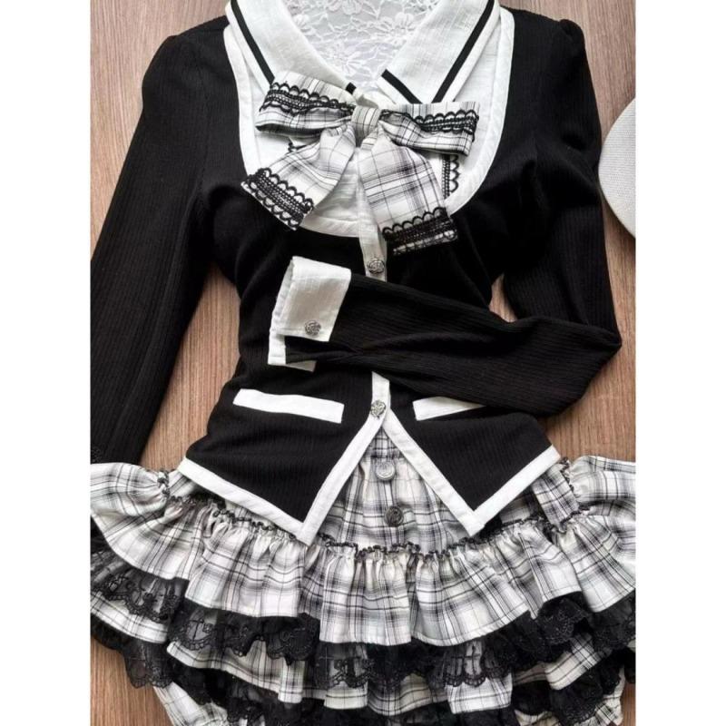 Autumn Winter Bow Lapel 2-piece Set Women Design Vintage Long Sleeve Slim Patchwork Tops + Thin High Waist Ruffle Skirt Suit New