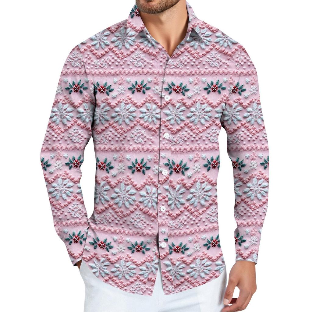 Men's Christmas Shirt Christmas Print Long Sleeve Button Shirt