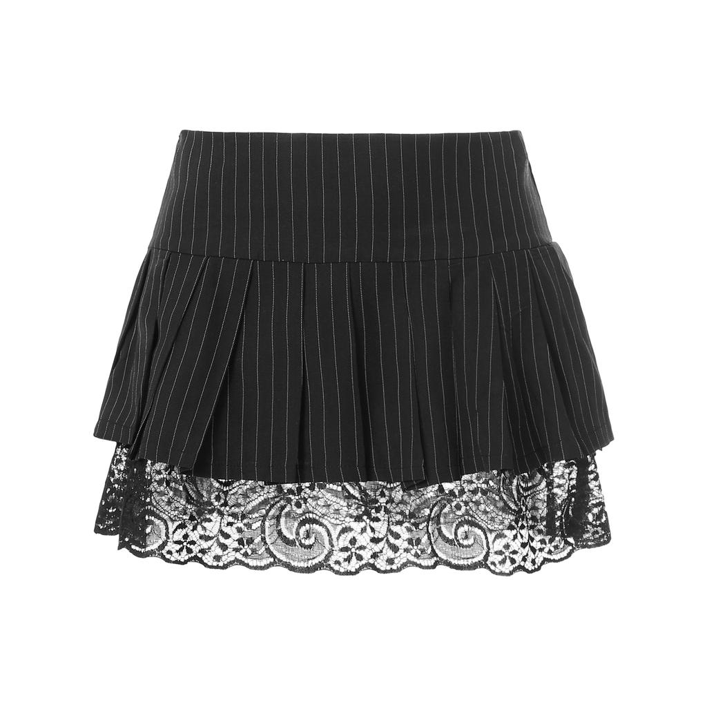 Damen Mini Faltenrock, Mittelhochtailliert, Streifendruck, Spitze Patchwork, Reißverschluss, Kurzer Rock