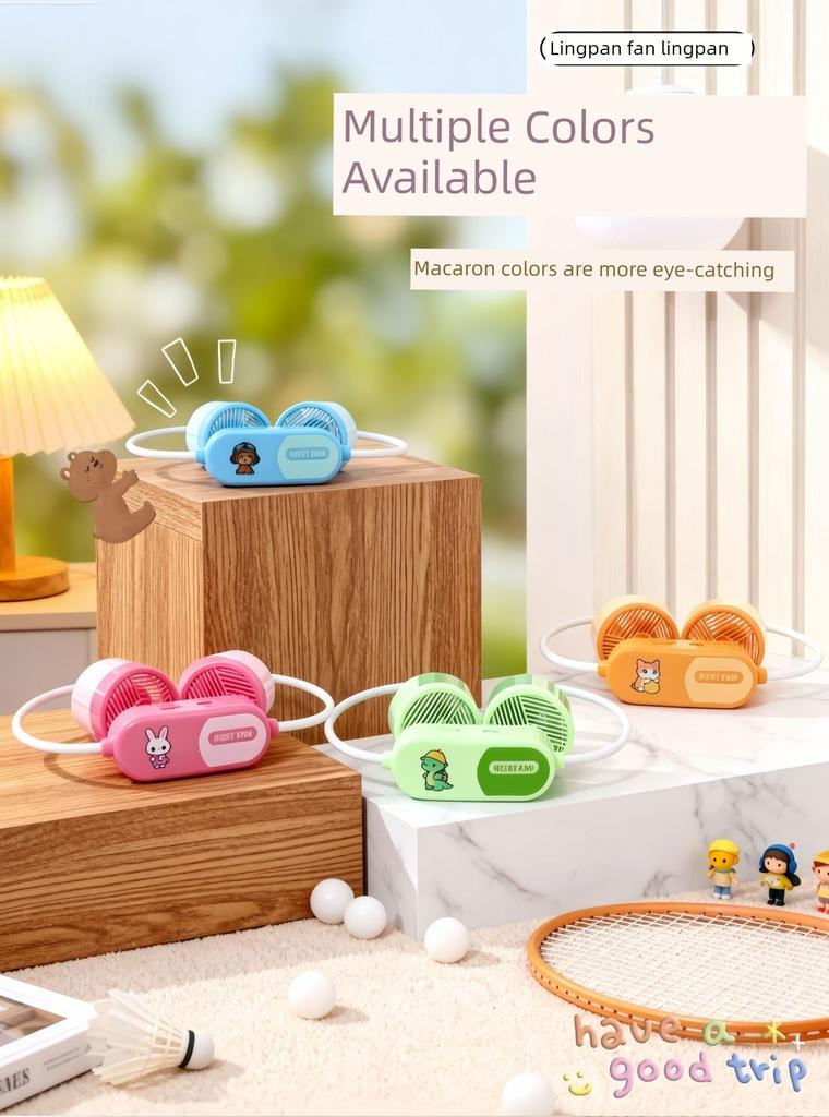 New Cartoon Neck-Hanging Fan, USB Rechargeable, Two-Speed Strong Wind, Portable Outdoor Sports Fan for Lazy People