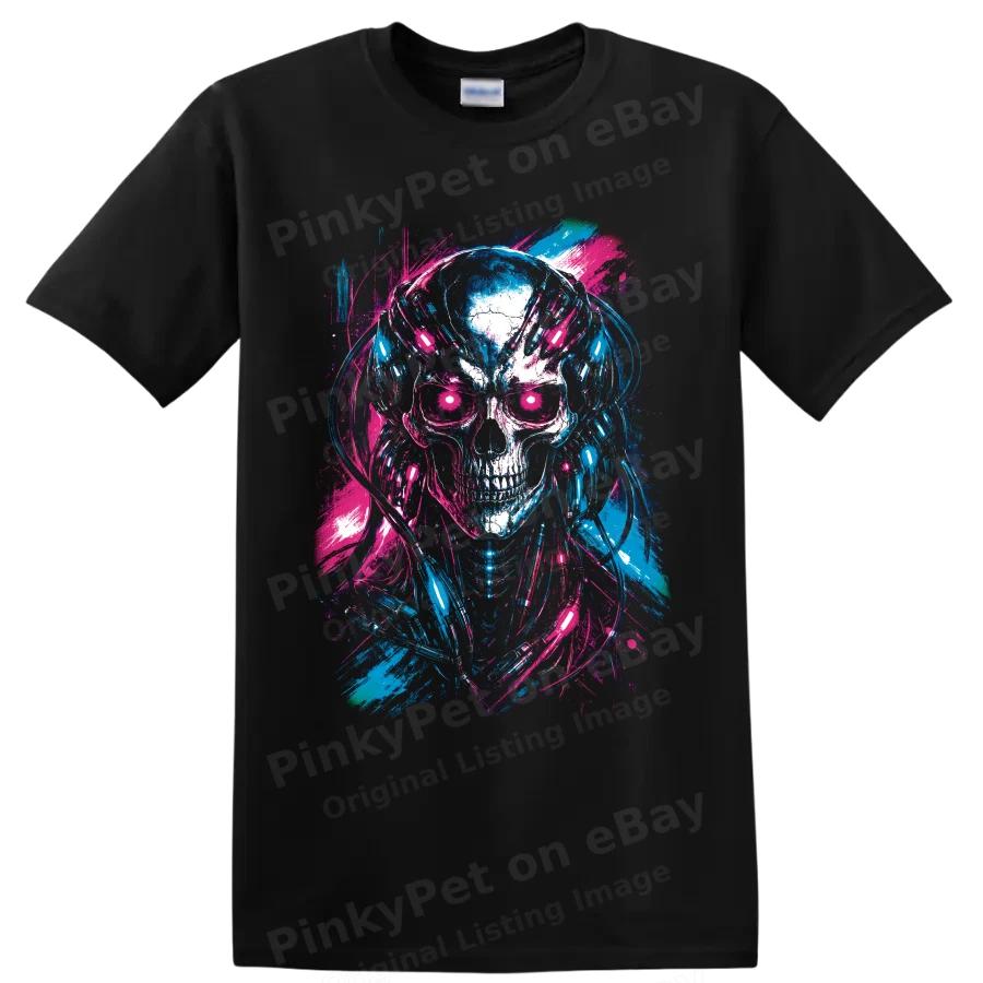 Cyberpunk Skull Headphones Neon Horror Graphic T Shirt Gothic Music Art Tee