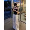 In stock at real price, pure desire style, sexy black slim-fit tube top, white loose wide-leg pants set, polyester.