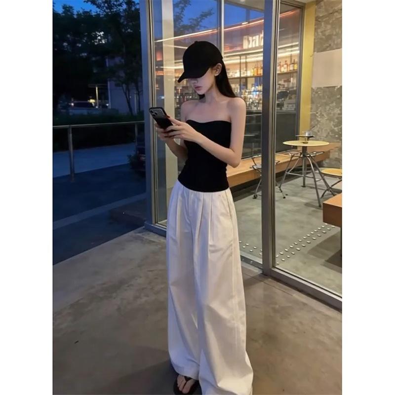 In stock at real price, pure desire style, sexy black slim-fit tube top, white loose wide-leg pants set, polyester.