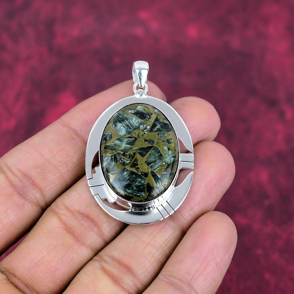 Copper Seraphinite Pendant, 925 Solid Sterling Silver Gemstone Jewelry, Handmade Pendant, For Thanksgiving