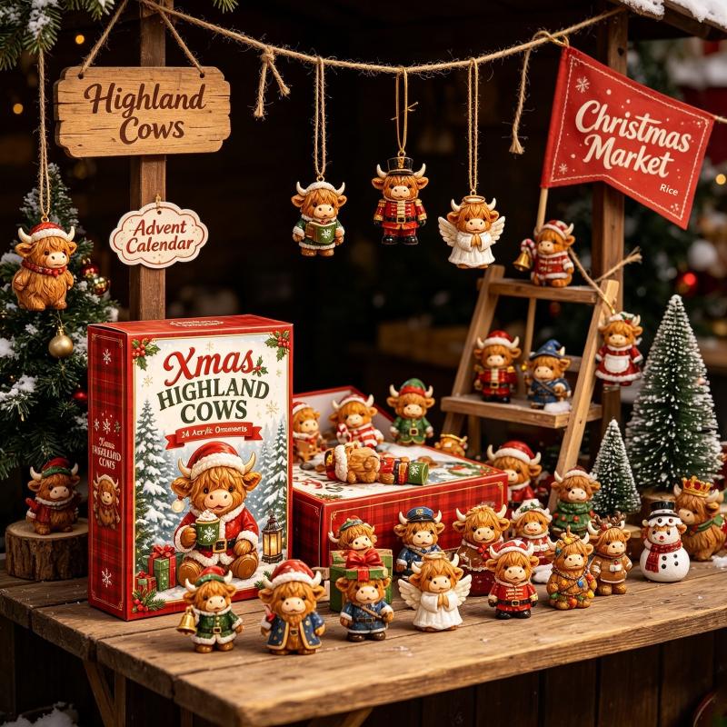 Highland Cow Advent Calendar 2026 With 24 Mini Cattle Figurines, 2D Acrylic Christmas Tree Decoration Pendant, Christmas Gift