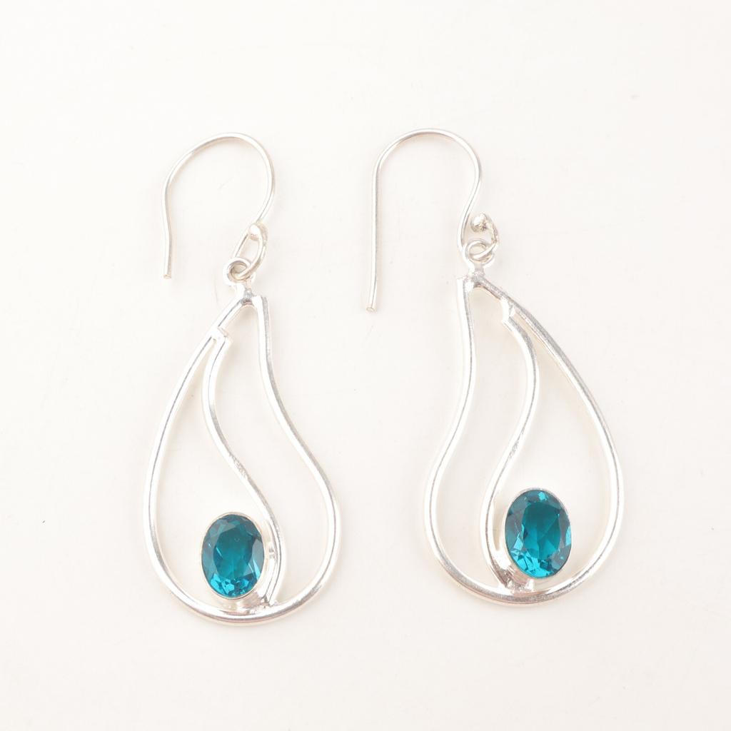 Oval Natural Apatite 925 Silver Daughter Gift Dangling Throat Chakra Earrings EE-139-2