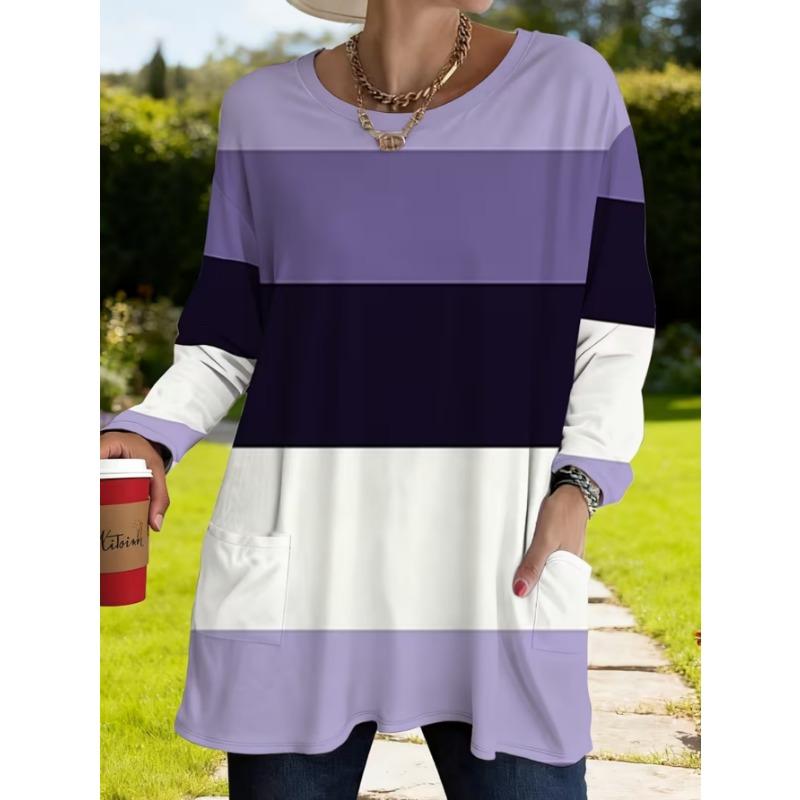 Women's long-sleeved round-neck T-shirt, suitable for spring, autumn and winter seasons. It has pockets and print designs. machine washable.