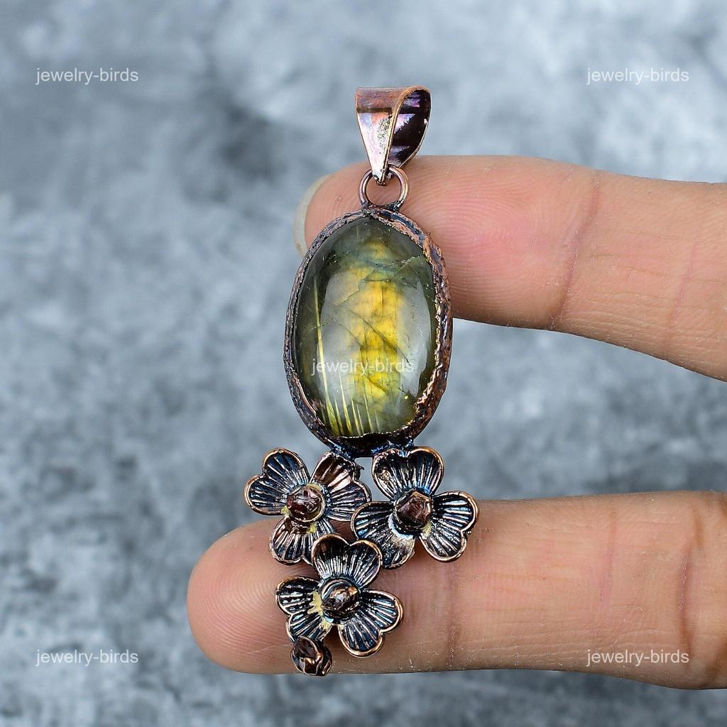 Third Eye Chakra Labradorite Gemstone Boho Electroformed Pendant Jewelry Copper VP-11