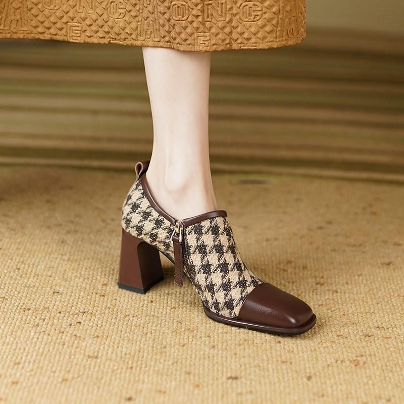 2025 New Women Retro Houndstooth Mary Janes Pumps Patent Buckle Strap Block Thick Heeled Shoes Ladies Dress Spring