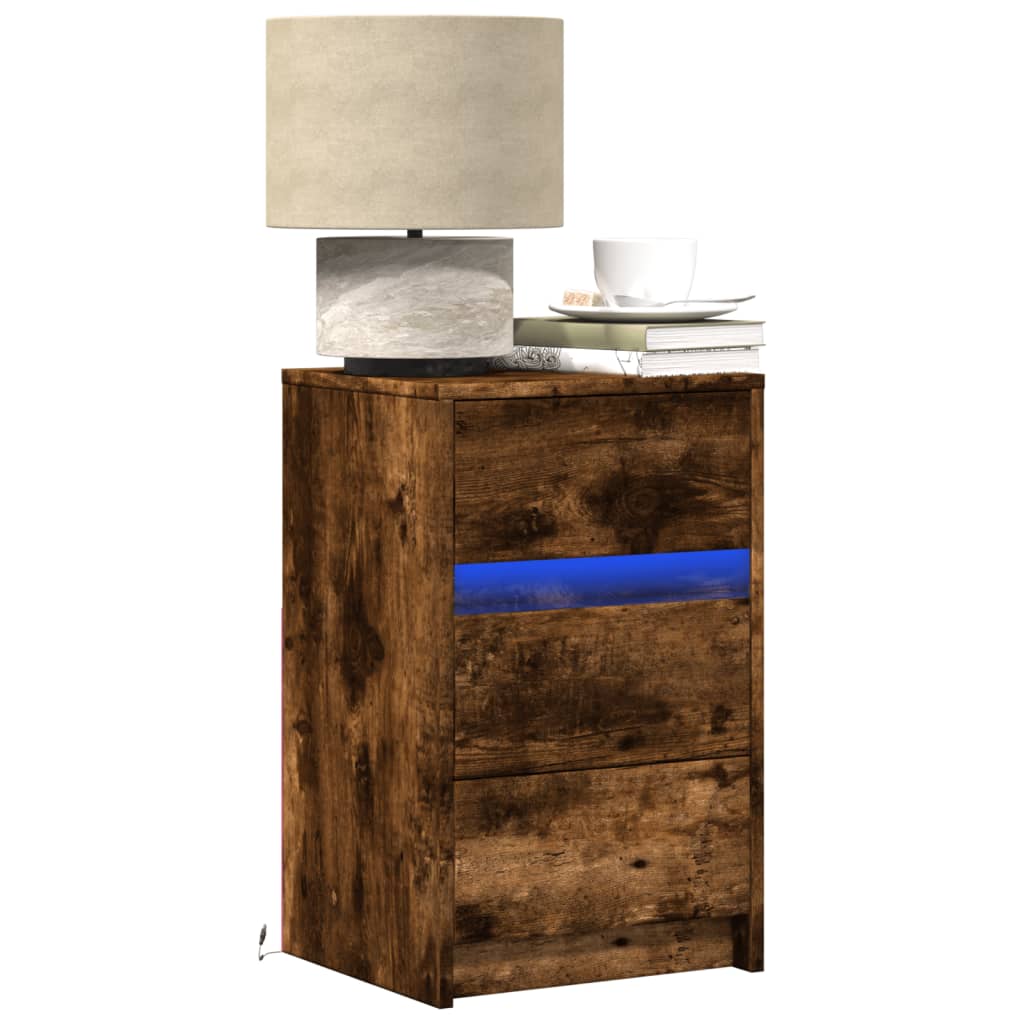 LED Nightstand, Smoked Oak, Wood-Based Material