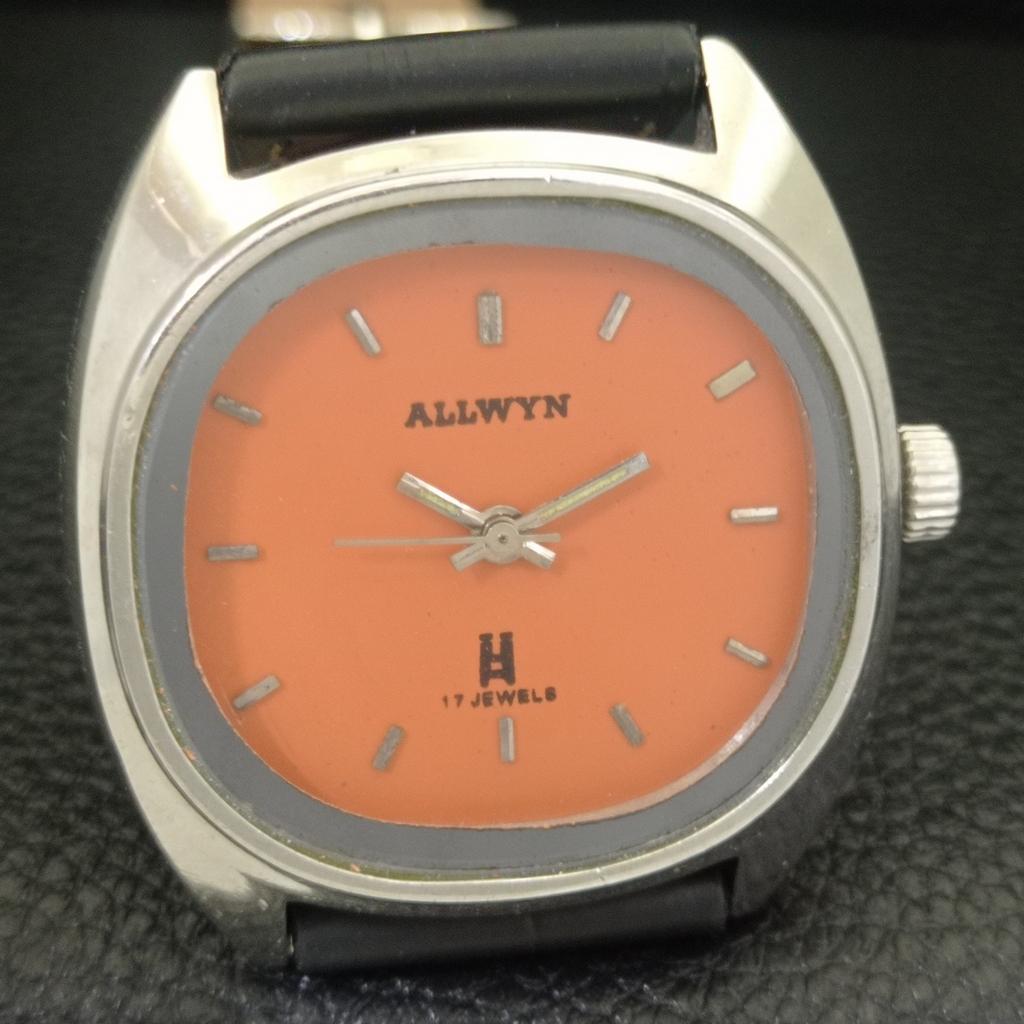 HAND-WINDING VINTAGE ALLWYN 6300A INDIA MENS ORANGE COLOR DIAL WATCH a703949-1
