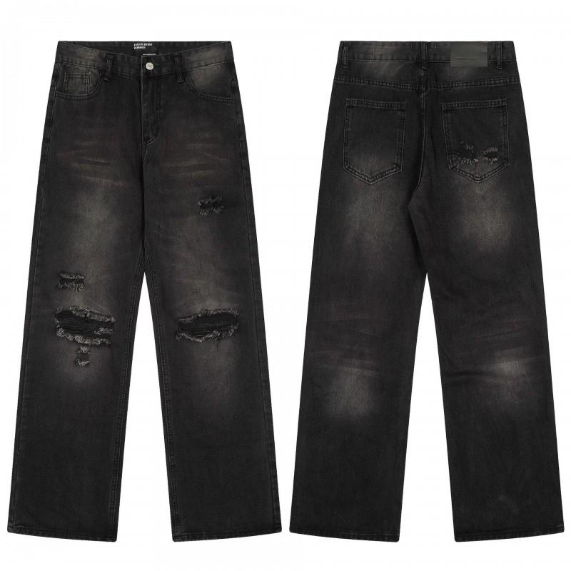 Mens Distressed Straight Fit Denim Jeans With Embroidery Mid-Rise Water Washed Cotton Blend Streetwear Casual Pants