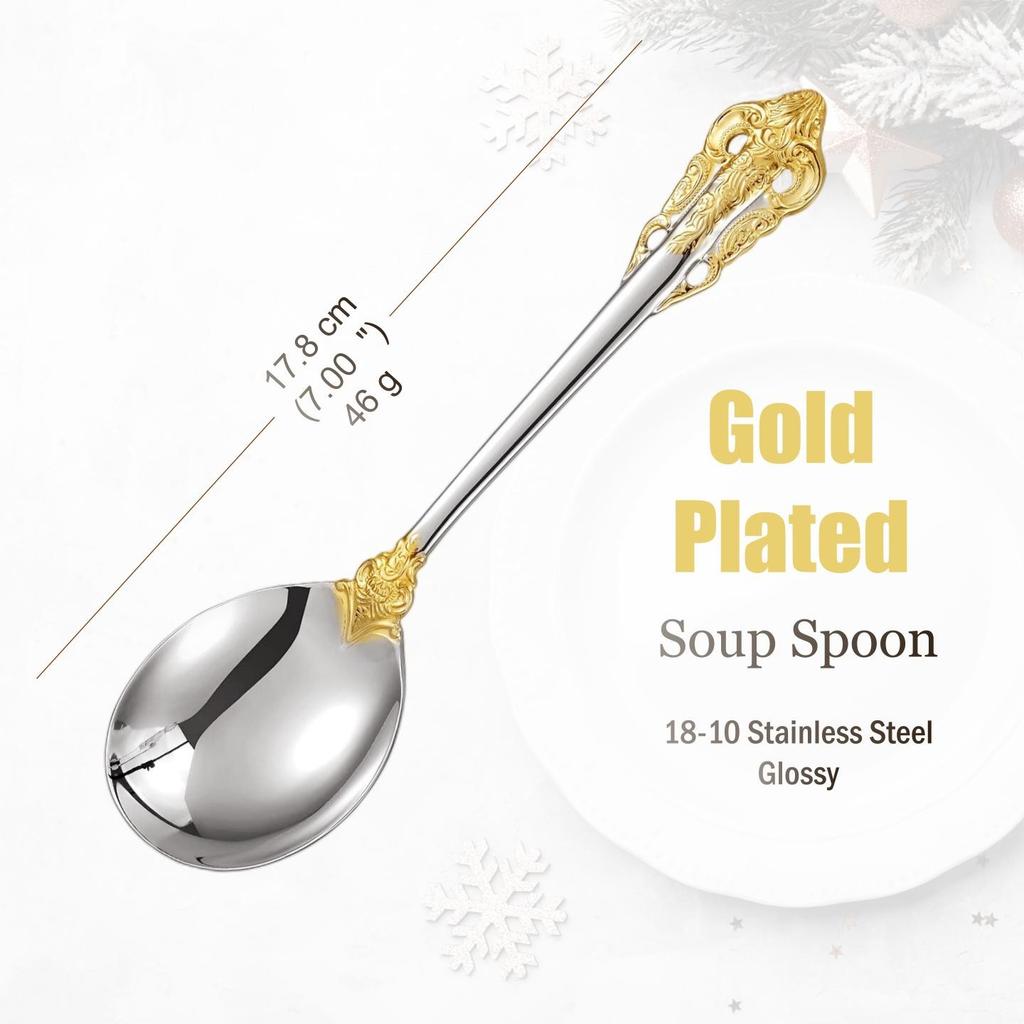 Conjunto de Talheres de Aço Inoxidável Prata, Talheres Vintage, Cabo Oco, Talheres para Casamento, Barroco, 18/10, Dourado Brilhante