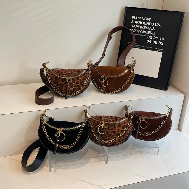 Leopard faux suede hobo shoulder bags fashion wide straps designer style sense of luxury chains crossbody feminine bags