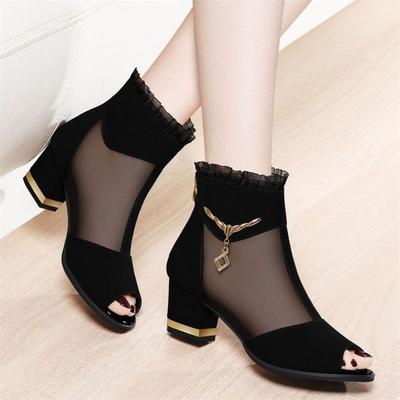Fashion Women High Heels Sandals Fish Mouth Summer New Middle Heel Female Sandals Chunky Heels Hollow Cutout Sandals