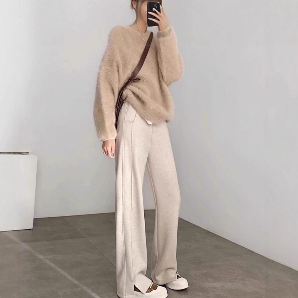 Antilope Samt Gebürstet Weitbein Hose Damen Herbst Winter Neu Wolle Schlitzsaum Lässig Vielseitig Gerade Slim Bananen Hose